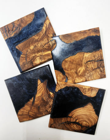 Olivewood and Blue Epoxy Coaster Set of 4