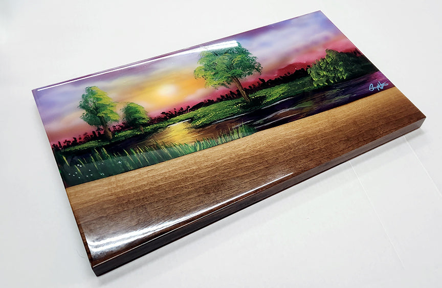 "The Quiet of Dusk" | Hand Painted Epoxy Charcuterie Board with Walnut