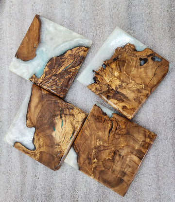 White & Blue Olive Wood Coaster Set of 4