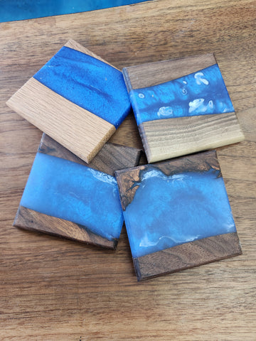 Walnut and Blue Coaster Set of 4