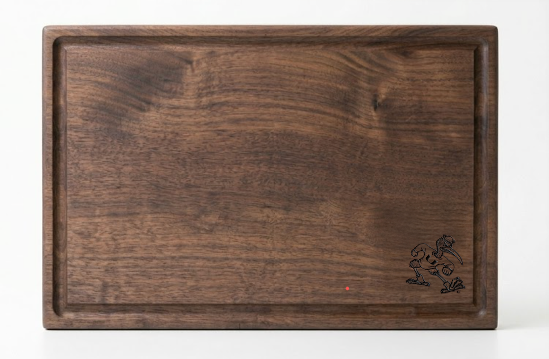 Officially Licensed University of Miami Walnut Cutting Board – Laser Engraved Sebastian the Ibis with Juice Groove